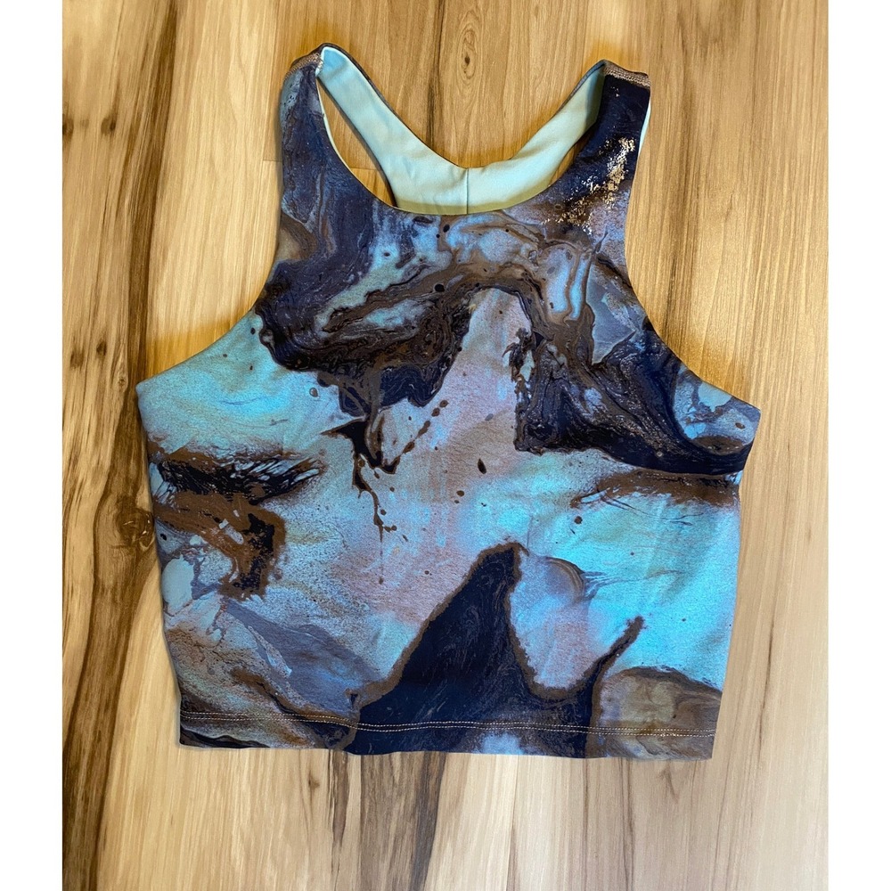 Beyond Yoga Focus Cropped Tank Ocean Blue Marble Foil Abstract Racerback S